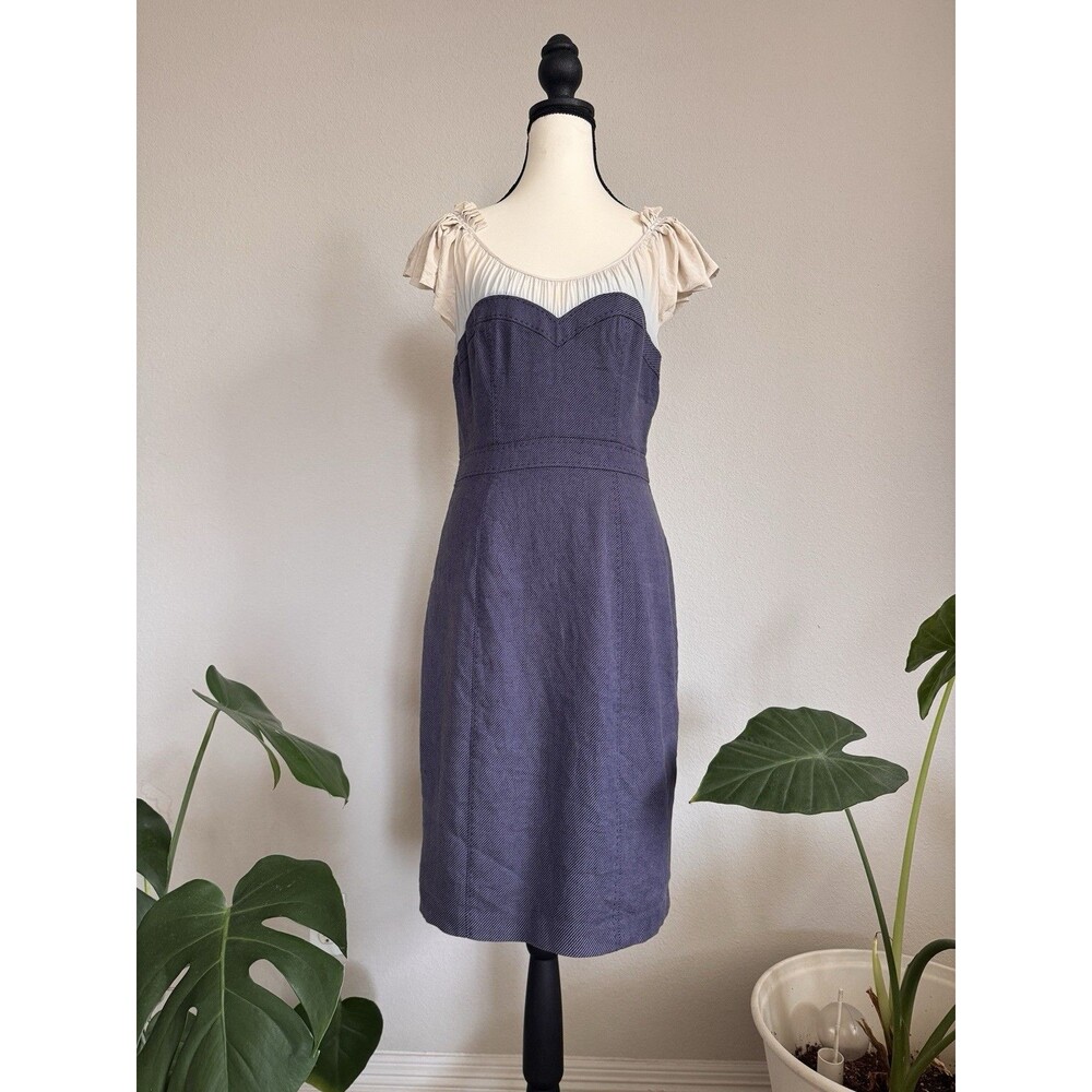 Rebecca Taylor Linen Cotton Dress Blue White Silk Top Size 8 Short Sleeve